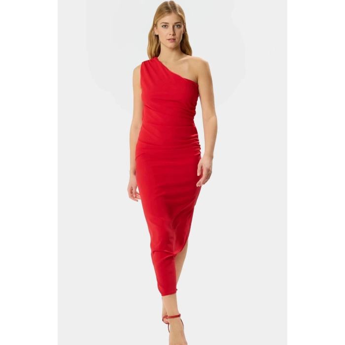 Tek Omuz Midi Boy Bodycon Soft Krep Polyester Elbise Dayanıklı Malzeme Rahat Kullanım