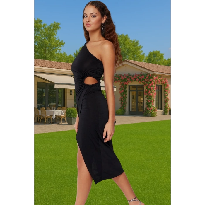 Tek Omuz Midi Boy Örme Abiye Elbise Cut Out Detaylı Polyester Dayanıklı Malzeme Uzun Ömürlü
