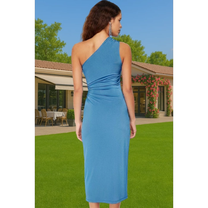 Tek Omuz Midi Boy Örme Abiye Elbise Cut Out Detaylı Polyester Dayanıklı Malzeme Uzun Ömürlü