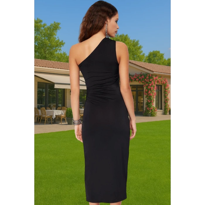 Tek Omuz Midi Boy Örme Abiye Elbise Cut Out Detaylı Polyester Dayanıklı Malzeme Uzun Ömürlü