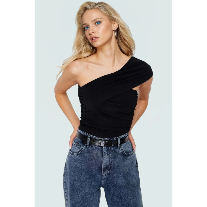 Tek Omuzli Örme Bluz Yazlık Rahat Kalıp Polyester Elastan Modern Stil Seçkin Malzeme