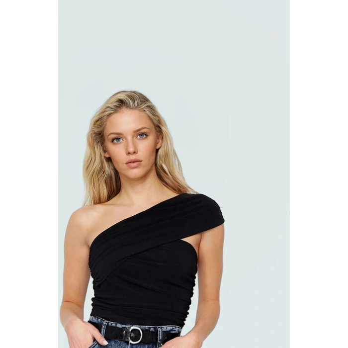 Tek Omuzli Örme Bluz Yazlık Rahat Kalıp Polyester Elastan Modern Stil Seçkin Malzeme