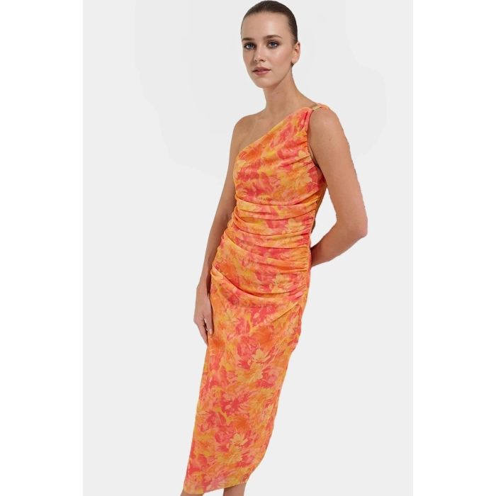 Tek Omuzlu Bodycon Midi Elbise Örme Tül Şık Tasarım Seçkin Malzeme Profesyonel Görünüm