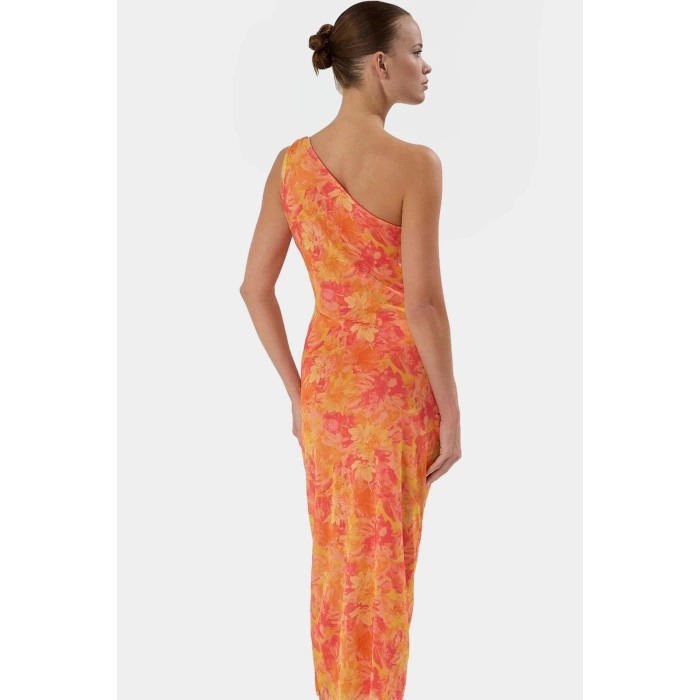 Tek Omuzlu Bodycon Midi Elbise Örme Tül Şık Tasarım Seçkin Malzeme Profesyonel Görünüm