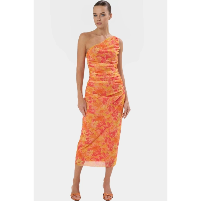 Tek Omuzlu Bodycon Midi Elbise Örme Tül Şık Tasarım Seçkin Malzeme Profesyonel Görünüm