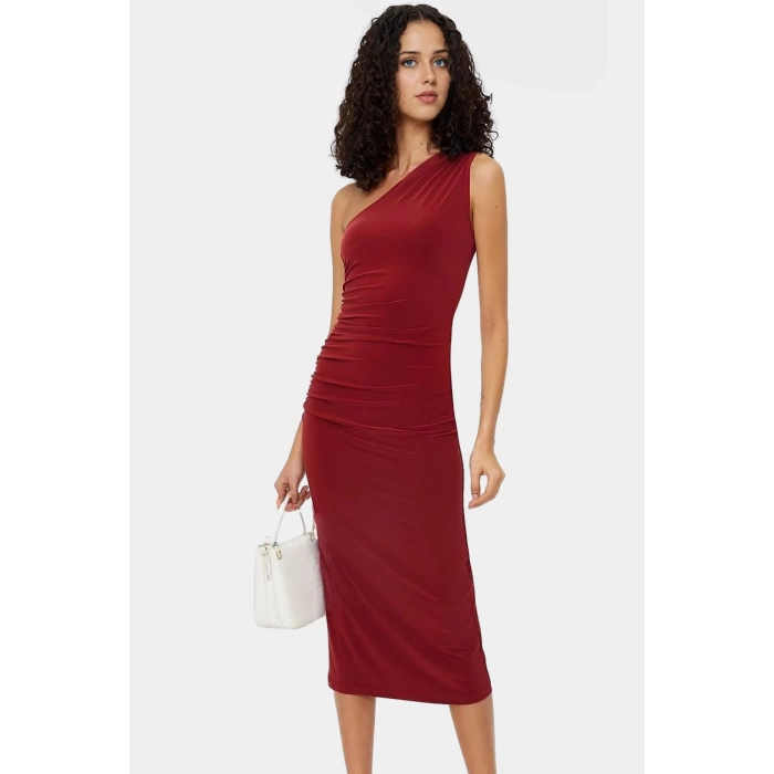 Tek Omuzlu Midi Kalem Elbise Örme Kumaş Bodycon Günlük Şık Rahat Kullanım Seçkin Malzeme