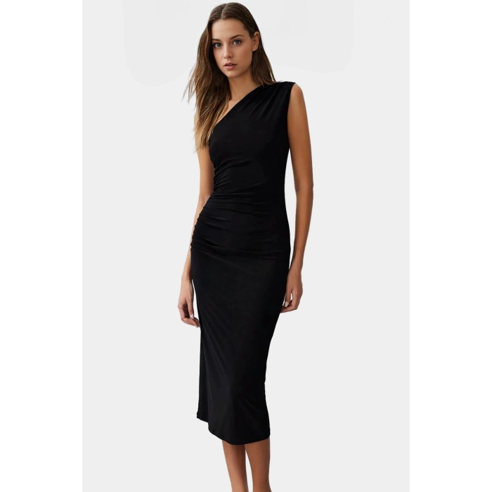 Tek Omuzlu Midi Kalem Elbise Örme Kumaş Bodycon Günlük Şık Rahat Kullanım Seçkin Malzeme