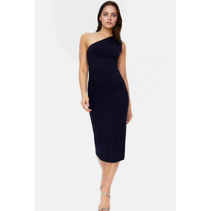 Tek Omuzlu Midi Kalem Elbise Örme Kumaş Bodycon Günlük Şık Rahat Kullanım Seçkin Malzeme