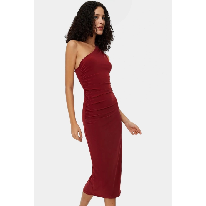 Tek Omuzlu Midi Kalem Elbise Örme Kumaş Bodycon Günlük Şık Rahat Kullanım Seçkin Malzeme