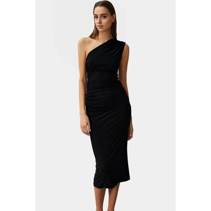 Tek Omuzlu Midi Kalem Elbise Örme Kumaş Bodycon Günlük Şık Rahat Kullanım Seçkin Malzeme
