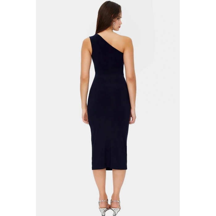 Tek Omuzlu Midi Kalem Elbise Örme Kumaş Bodycon Günlük Şık Rahat Kullanım Seçkin Malzeme