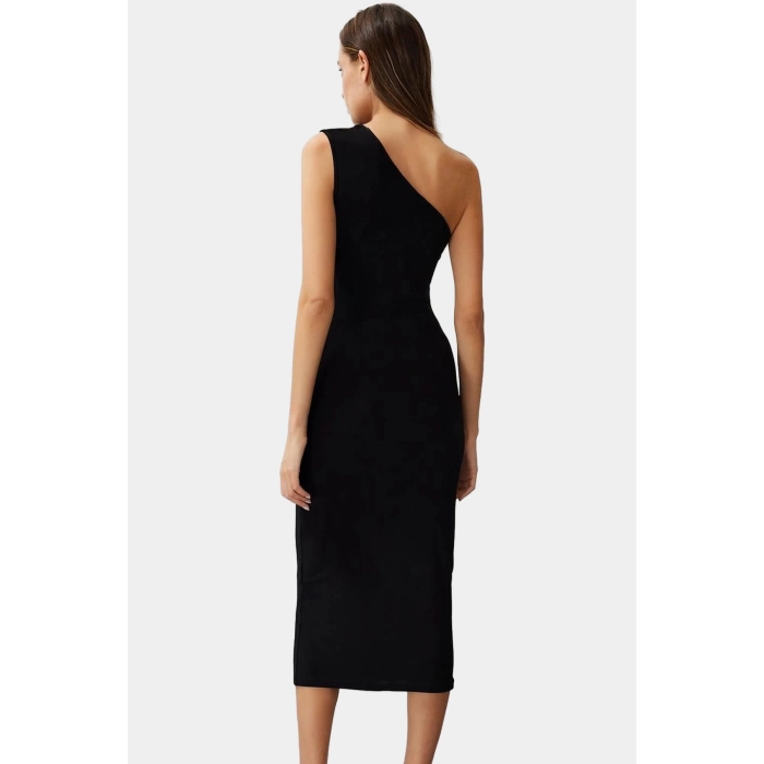 Tek Omuzlu Midi Kalem Elbise Örme Kumaş Bodycon Günlük Şık Rahat Kullanım Seçkin Malzeme