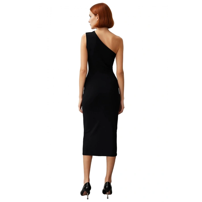 Tek Omuzlu Midi Kalem Elbise Örme Kumaş Bodycon Günlük Şık Rahat Kullanım Seçkin Malzeme