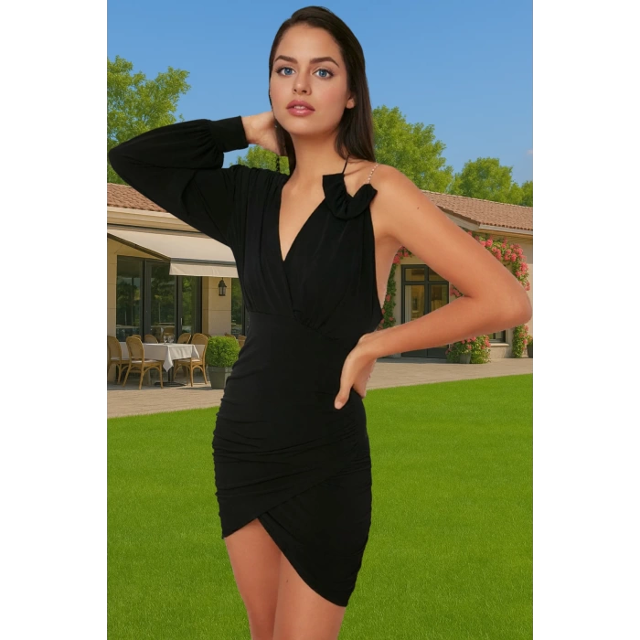 Tek Omuzlu Örme Mini Abiye Elbise Polyester Karışımlı Yazlık Özenle Seçilmiş Rahat Kullanım