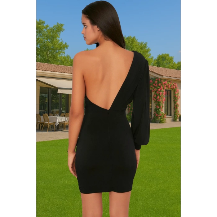 Tek Omuzlu Örme Mini Abiye Elbise Polyester Karışımlı Yazlık Özenle Seçilmiş Rahat Kullanım