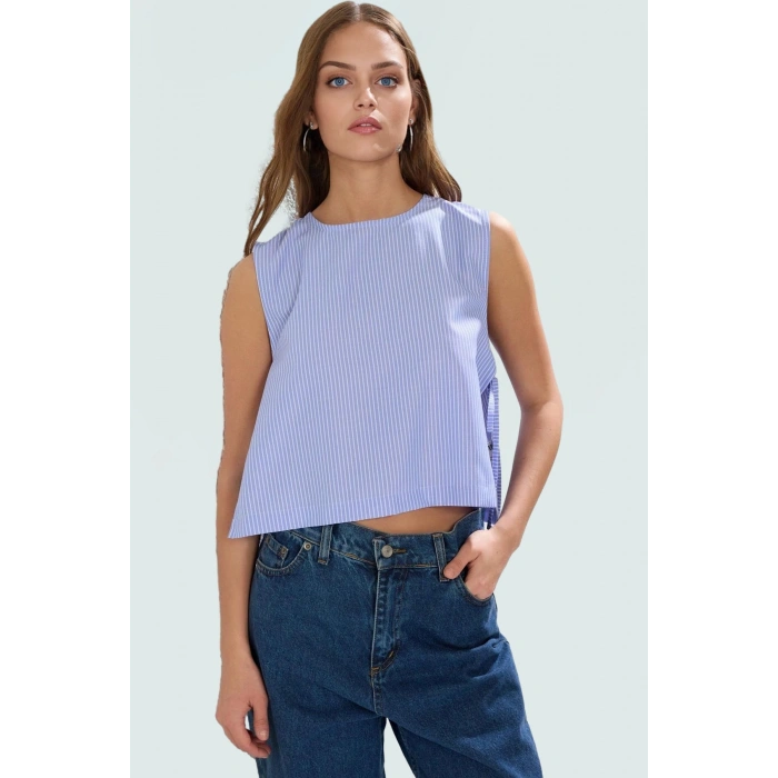 Terrycotton Dokuma Crop Bluz Bisiklet Yaka Çizgili Kolsuz Rahat Kalıp Kullanım