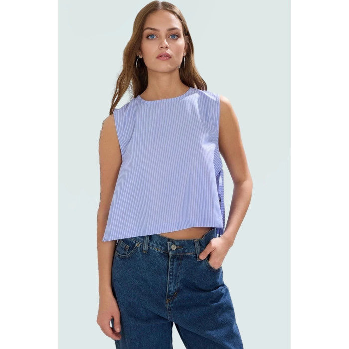 Terrycotton Dokuma Crop Bluz Bisiklet Yaka Çizgili Kolsuz Rahat Kalıp Kullanım