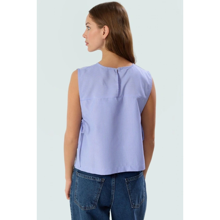 Terrycotton Dokuma Crop Bluz Bisiklet Yaka Çizgili Kolsuz Rahat Kalıp Kullanım