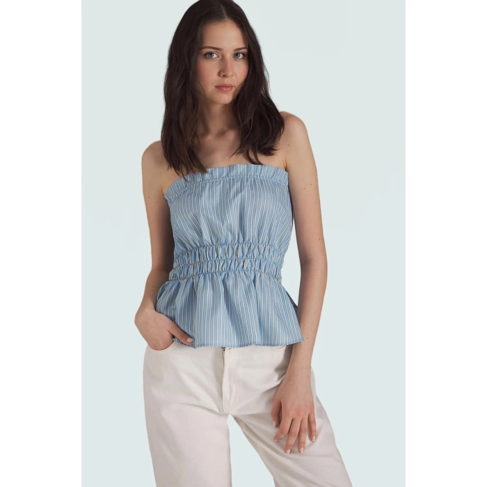 Terrycotton Kumaş Çizgili Straplez Bluz Fitted Kalıp Yazlık Uzun Ömürlü Rahat Kullanım