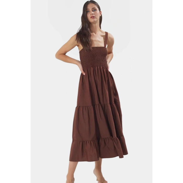 Terrycotton Maxi Elbise Gipeli Kare Yaka Skater Yazlık Trend Tasarım Zarifane