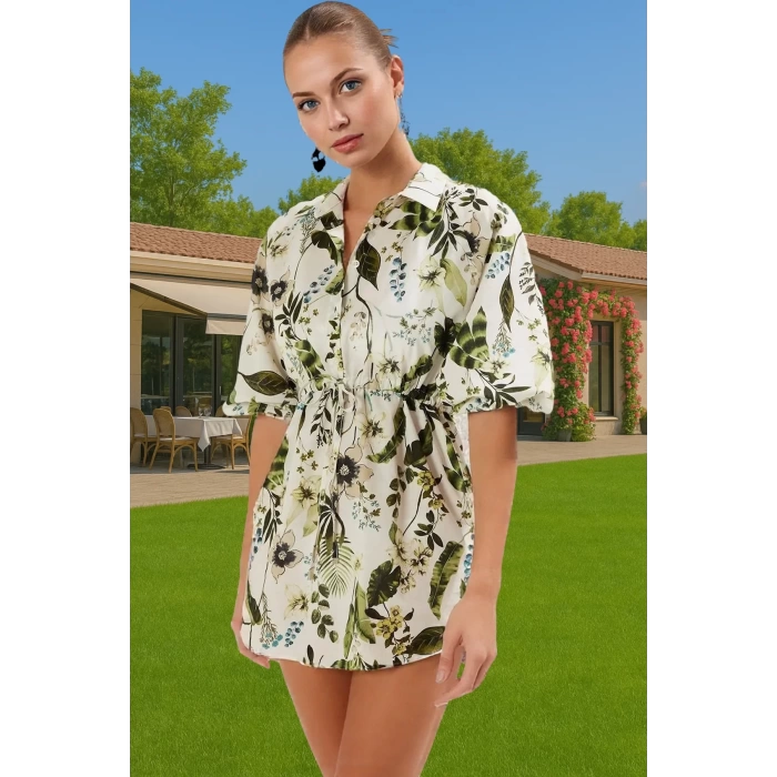 Tesettür Mini Pamuklu Elbise Skater Kalıp Büzgü Detaylı Rahat Yazlık Modern Stil Modern Stil