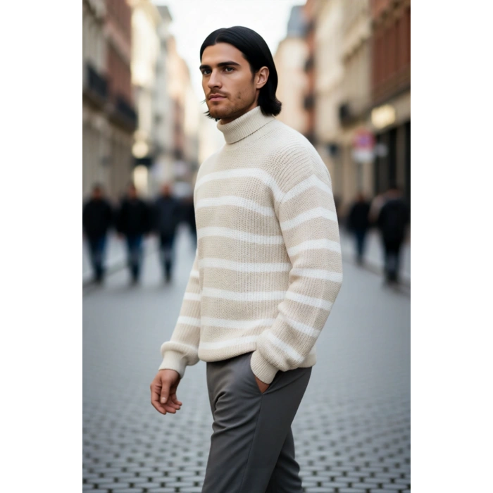 Unisex Bej Çizgili Oversize Balıkçı Yaka Triko Kazak Soğuk Havalarda Şık Ve Rahat Bir Seçim