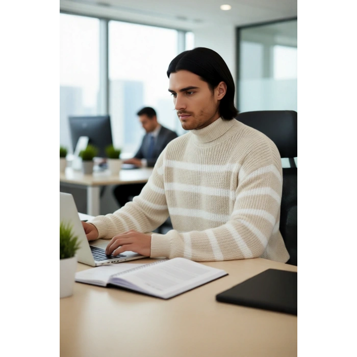 Unisex Bej Çizgili Oversize Balıkçı Yaka Triko Kazak Soğuk Havalarda Şık Ve Rahat Bir Seçim