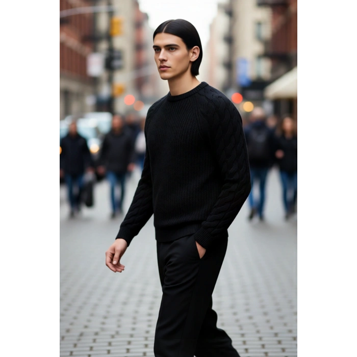 Unisex Casual Regular Fit Bisiklet Yaka Saç Örgü Desenli Kalın Triko Kazak Kış Kombinleri İçin İdeal