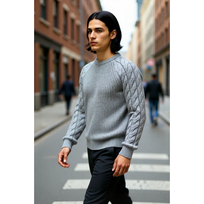 Unisex Casual Regular Fit Bisiklet Yaka Saç Örgü Desenli Kalın Triko Kazak Kış Kombinleri İçin İdeal