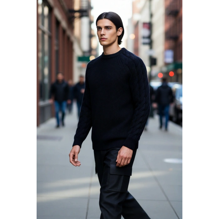 Unisex Casual Regular Fit Bisiklet Yaka Saç Örgü Desenli Kalın Triko Kazak Kış Kombinleri İçin İdeal