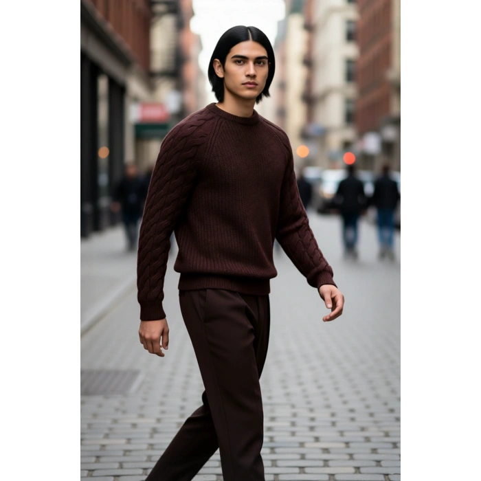 Unisex Casual Regular Fit Bisiklet Yaka Saç Örgü Desenli Kalın Triko Kazak Kış Kombinleri İçin İdeal