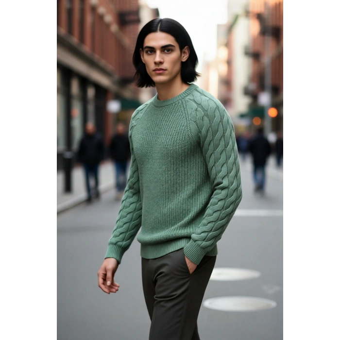 Unisex Casual Regular Fit Bisiklet Yaka Saç Örgü Desenli Kalın Triko Kazak Kış Kombinleri İçin İdeal