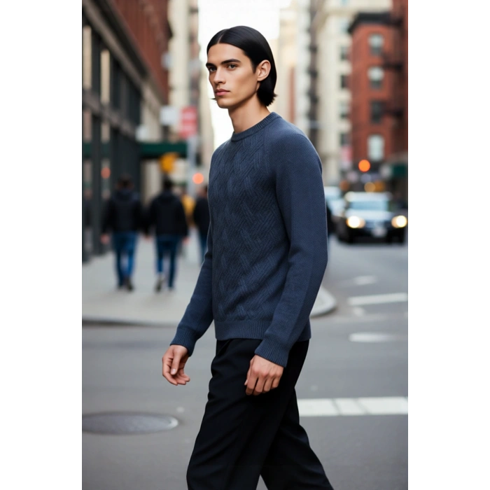 Unisex Kalın Triko Kazak Fitted Kesim Dokulu Yüzey Reglan Kol Bisiklet Yaka Kış Stiline Modern
