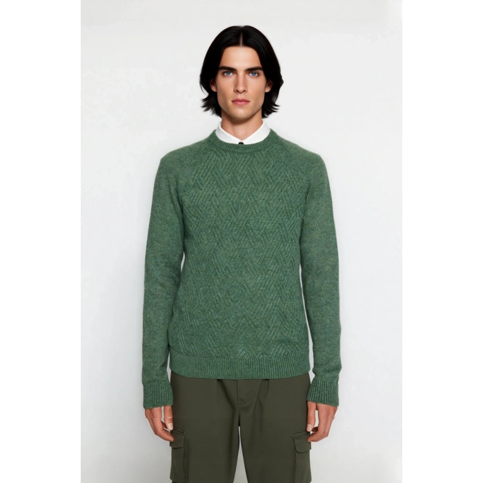 Unisex Kalın Triko Kazak Fitted Kesim Dokulu Yüzey Reglan Kol Bisiklet Yaka Kış Stiline Modern