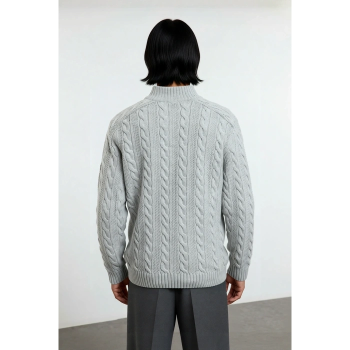 Unisex Modern Regular Fit Fermuarlı Saç Örgü Kalın Triko Kazak Soğuk Günlerde Sıcaklık Ve Stil