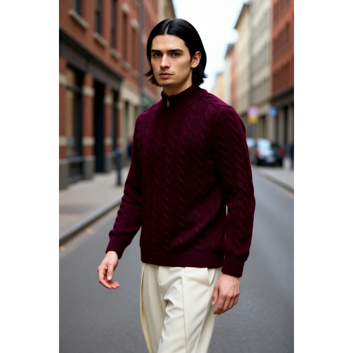 Unisex Modern Regular Fit Fermuarlı Saç Örgü Kalın Triko Kazak Soğuk Günlerde Sıcaklık Ve Stil