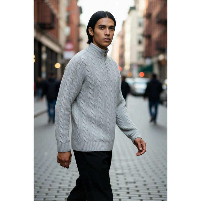 Unisex Modern Regular Fit Fermuarlı Saç Örgü Kalın Triko Kazak Soğuk Günlerde Sıcaklık Ve Stil