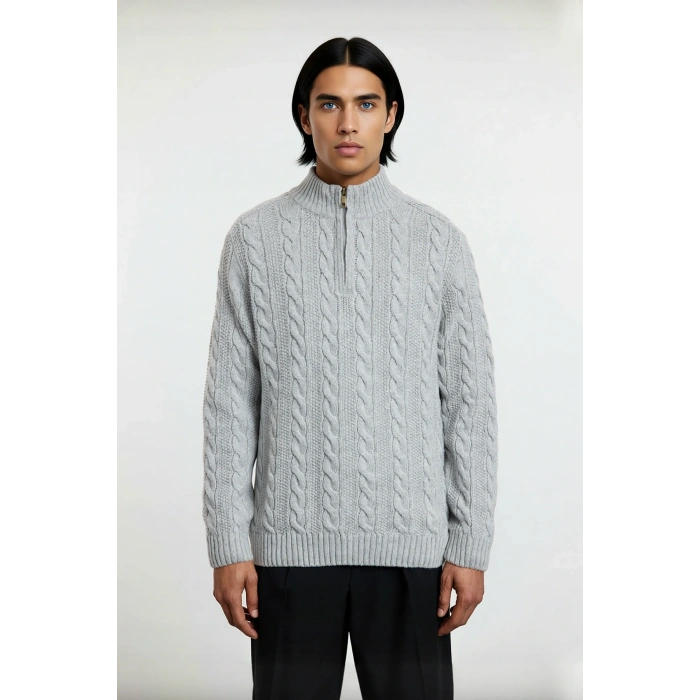 Unisex Modern Regular Fit Fermuarlı Saç Örgü Kalın Triko Kazak Soğuk Günlerde Sıcaklık Ve Stil