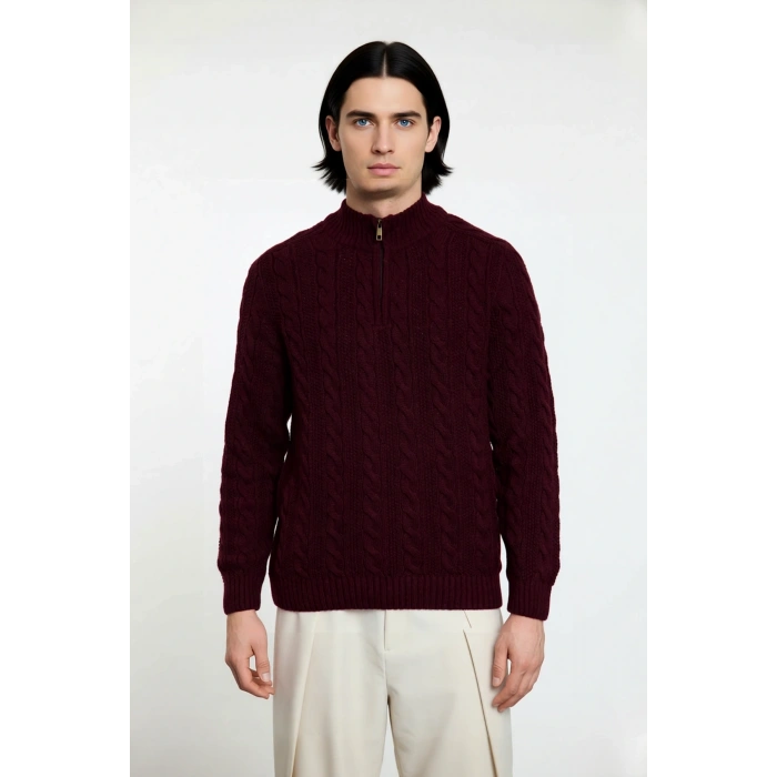 Unisex Modern Regular Fit Fermuarlı Saç Örgü Kalın Triko Kazak Soğuk Günlerde Sıcaklık Ve Stil