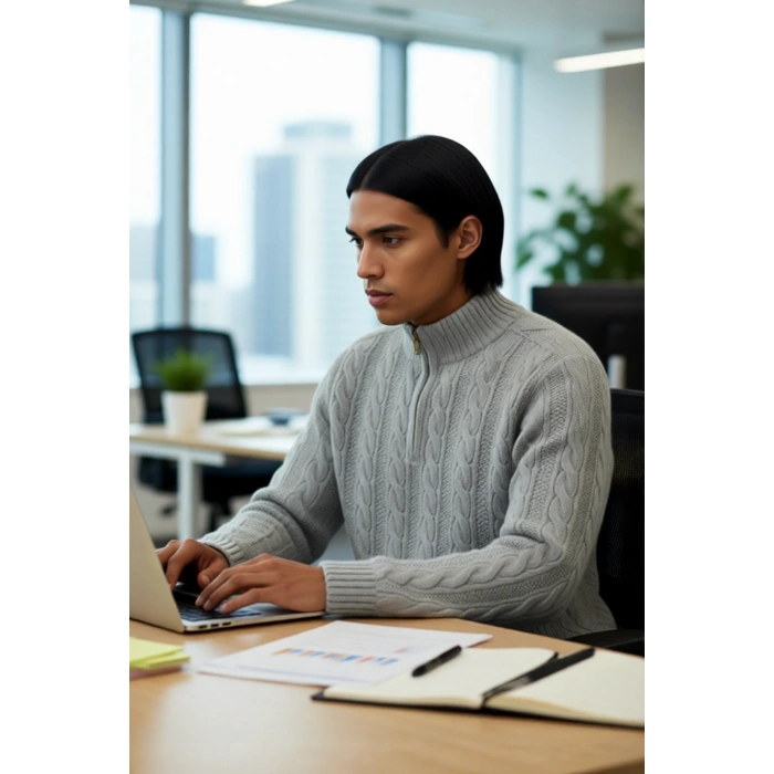 Unisex Modern Regular Fit Fermuarlı Saç Örgü Kalın Triko Kazak Soğuk Günlerde Sıcaklık Ve Stil