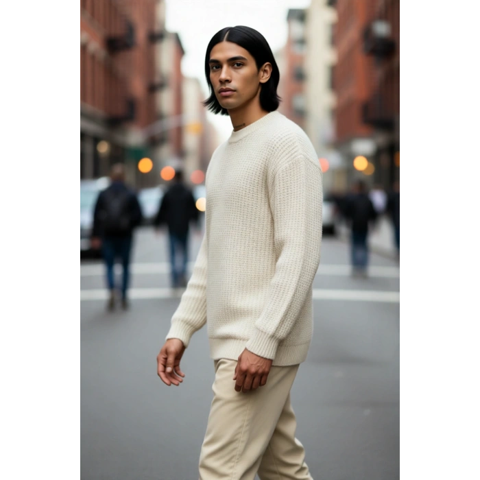 Unisex Oversize Bisiklet Yaka Dokulu Triko Kazak Soğuk Havalar İçin Şık Ve Rahat Bir Seçenek