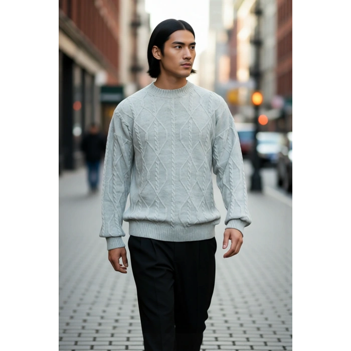 Unisex Oversize Fit Bisiklet Yaka Saç Örgü Uzun Kollu Ekstra Yumuşak Akrilik Karışımlı Triko Kazak