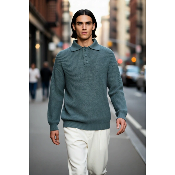 Unisex Rahat Kalıp Polo Yaka Uzun Kol Basic Triko Kazak Günlük Şıklığınızı Tamamlayan Parça