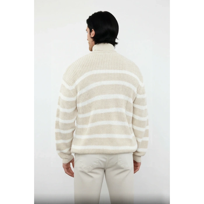 Unisex Uzun Kollu Oversize Balıkçı Yaka Triko Selanik Dokuma Çizgili Kazak Casual Kombinler İçin