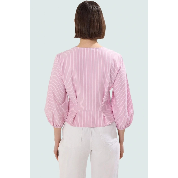 V Yaka Bluz Terrycotton Kumaş Fitted Kalıp Çizgili Günlük Kaliteli İşçilik Şık Görünüm