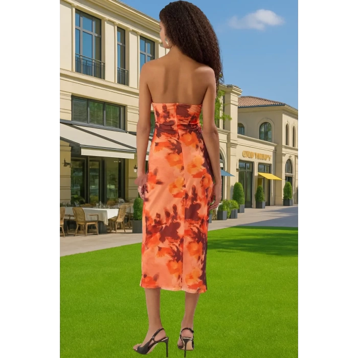 V Yaka Bodycon Midi Abiye Elbise Örme Kumaş Tül Astarlı Özel Tasarım Seçkin Malzeme Özel Tasarım