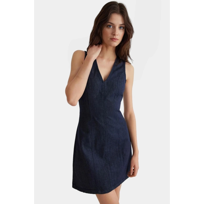 V Yaka Denim Mini Elbise Bodycon Kalıp Yazlık Rigid Dokuma %Pamuk Trend Tasarım