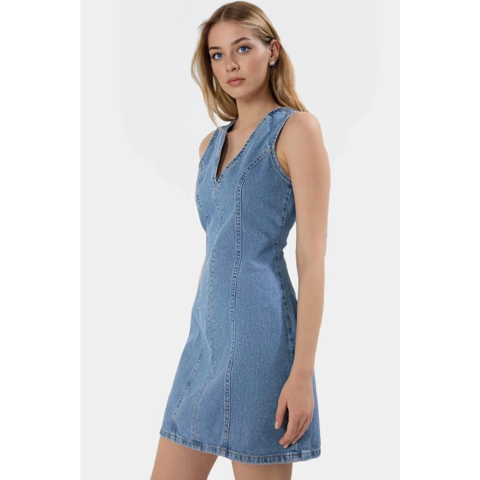 V Yaka Denim Mini Elbise Bodycon Kalıp Yazlık Rigid Dokuma %Pamuk Trend Tasarım