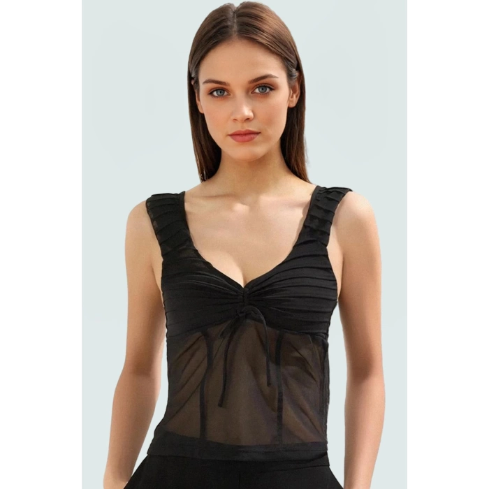 V Yaka Fırfırlı Tül Örme Bluz Yazlık Şık Tasarım Modern Stil Yüksek Kalite Kaliteli İşçilik
