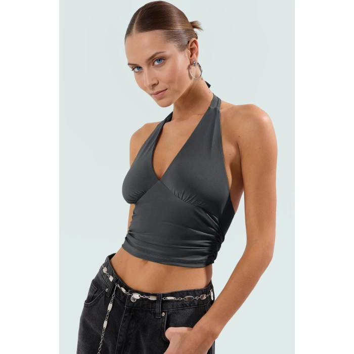 V Yaka Fitted Crop Bluz Sandy Dokuma Yazlık Günlük Kullanım İçin